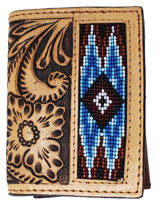 Men's Western Antique Floral Tooled Beaded Leather Tri-Fold Wallet 18RTWTrifold