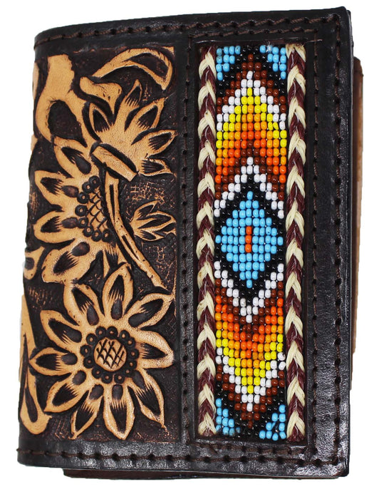 Men's Western Antique Floral Tooled Beaded Leather Tri-Fold Wallet 18RTWTrifold