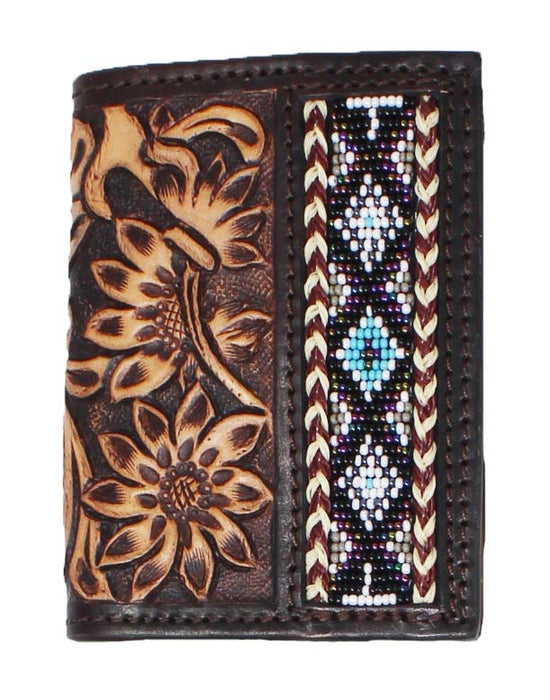 Men's Western Antique Floral Tooled Beaded Leather Tri-Fold Wallet 18RTWTrifold
