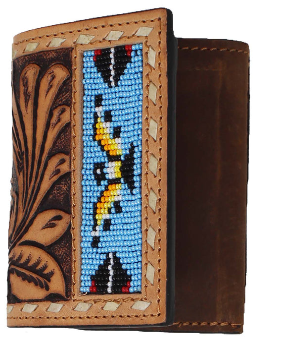Men's Western Antique Floral Tooled Beaded Leather Tri-Fold Wallet 18RTWTrifold