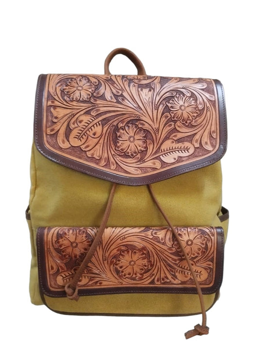 Western Olive Canvas Floral Tooled Leather Weekender Carry-On Travel Outdoors Camping Hiking Utility Bag 18SKB51