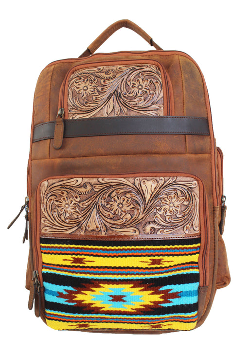 Men Women Western Distressed Floral Tooled Leather Handwoven Travel Utility Bag 18WoolTooled