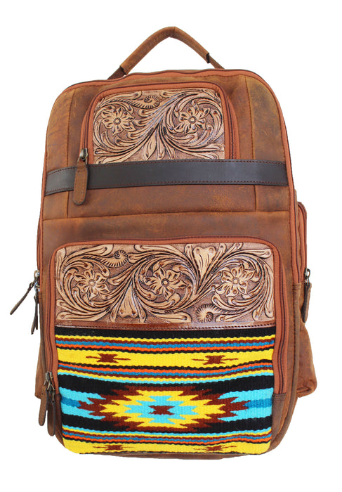 Men Women Western Distressed Floral Tooled Leather Handwoven Travel Utility Bag 18WoolTooled
