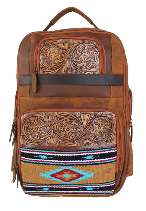 Men Women Western Distressed Floral Tooled Leather Handwoven Travel Utility Bag 18WoolTooled