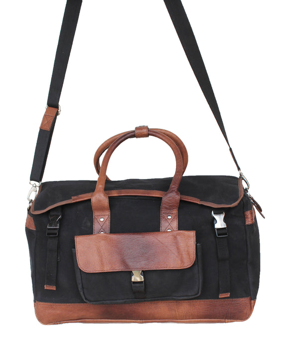 Handcrafted Black Canvas Leather Carry-On Travel Weekender Duffle Bag 18SKD02
