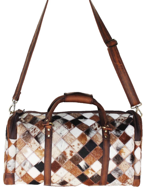 Western Cowhide Diamond Patch Brown Leather Travel Weekender Duffle Bag 18SKD29