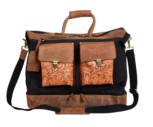 Challenger Canvas & Leather Duffle Bag Hand-Tooled Pocket Weekender Travel Bag Black 18SKD30BK