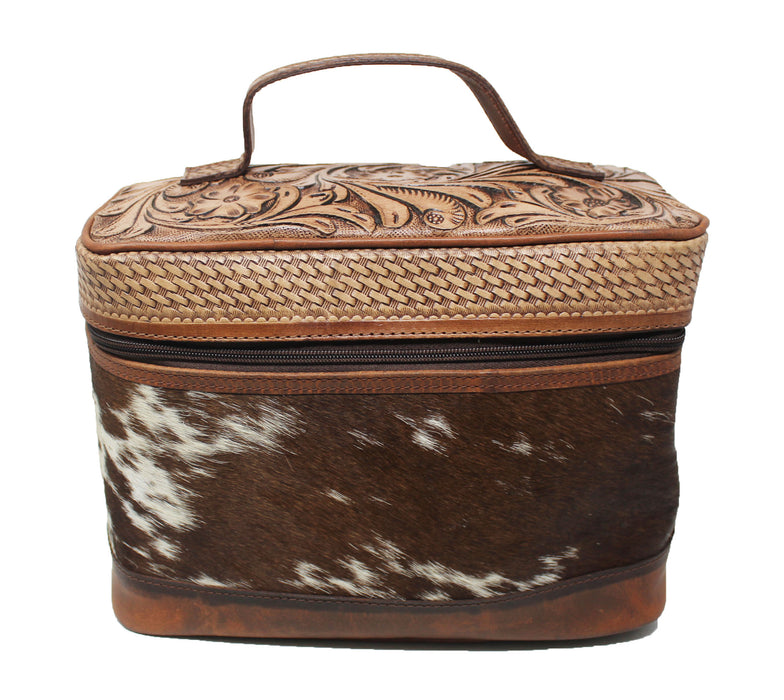 Women's Western Antique Floral Basket Cowhide Tooled Leather Cosmetic Travel Train Bag 18Train