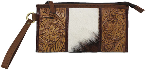 Women's Western Cowhide Floral Tooled Leather Wallet Wristlet Pouch 18SKW01