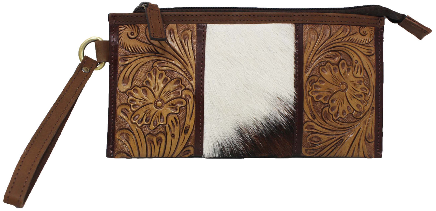 Women's Western Cowhide Floral Tooled Leather Wallet Wristlet Pouch 18SKW01