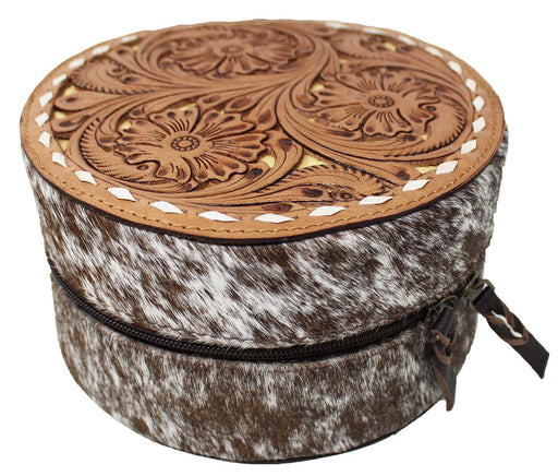 Women's Western Small Round Travel Tooled Leather Jewelry Travel Case Gift Box 18ZIJRound