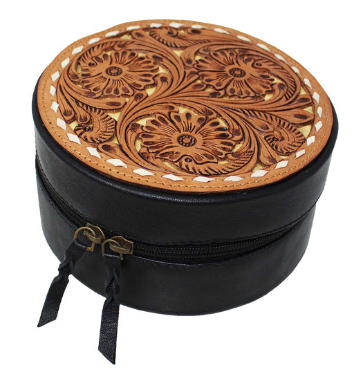 Women's Western Small Round Travel Tooled Leather Jewelry Travel Case Gift Box 18ZIJRound