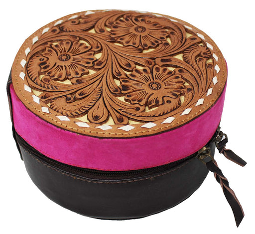 Women's Western Small Round Travel Tooled Leather Jewelry Travel Case Gift Box 18ZIJRound