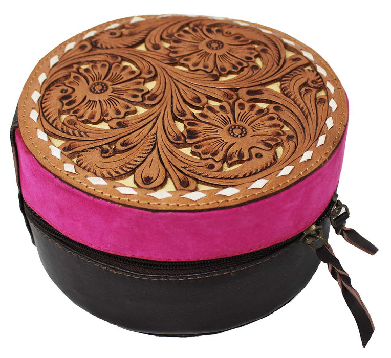Women's Western Small Round Travel Tooled Leather Jewelry Travel Case Gift Box 18ZIJRound
