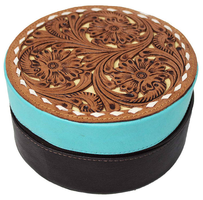 Women's Western Small Round Travel Tooled Leather Jewelry Travel Case Gift Box 18ZIJRound