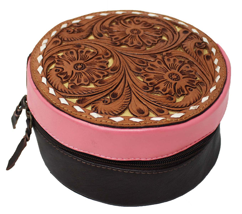 Women's Western Small Round Travel Tooled Leather Jewelry Travel Case Gift Box 18ZIJRound