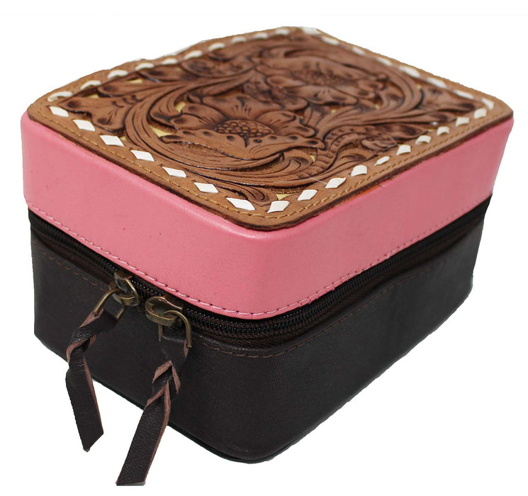 Women's Western Small Travel Tooled Leather Jewelry Travel Case 18ZIJ