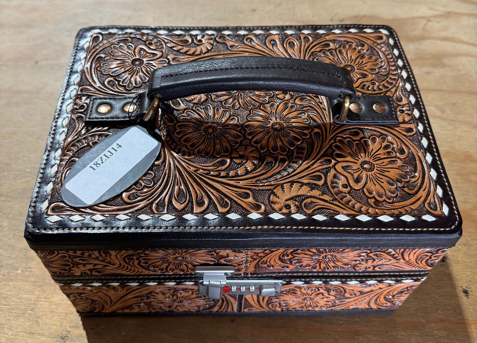 Western Tooled Leather Locking Jewelry Case 11-1/2" x 8" x 6" – Floral Hand-Tooled Jewelry Organizer with Combination Lock, Ring Holders & Storage Compartments 18ZIJ14