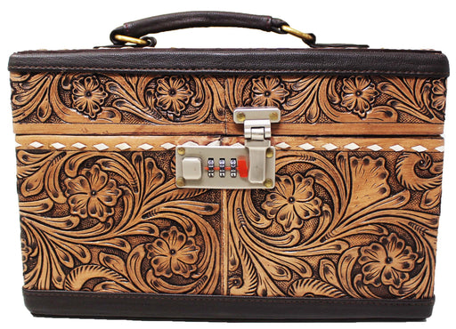 Western Tooled Leather Locking Jewelry Case 11-1/2" x 8" x 6" – Floral Hand-Tooled Jewelry Organizer with Combination Lock, Ring Holders & Storage Compartments 18ZIJ14