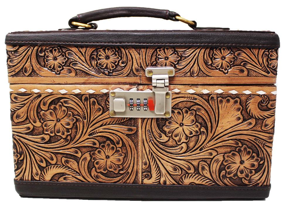 Western Tooled Leather Locking Jewelry Case 11-1/2" x 8" x 6" – Floral Hand-Tooled Jewelry Organizer with Combination Lock, Ring Holders & Storage Compartments 18ZIJ14