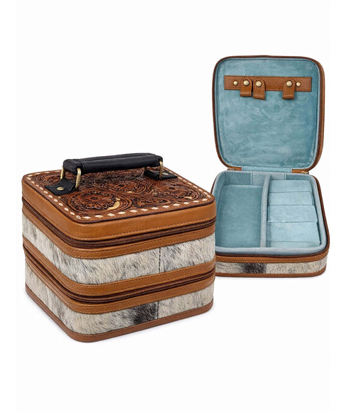 Western Tooled Leather Double Decker Jewelry Case with Hair-On Cowhide | Travel Jewelry Organizer Storage Box with Handle | 8-1/4" x 8-1/4" x 5-1/2" | 18ZIJ15