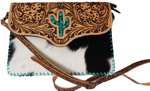 Women's Cowhide Floral Tooled Leather Cactus Shoulder Crossbody Bag 18RTH19