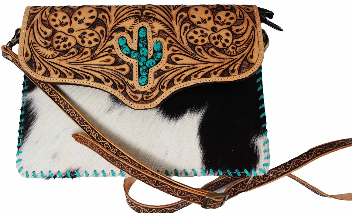 Women's Cowhide Floral Tooled Leather Cactus Shoulder Crossbody Bag 18RTH19