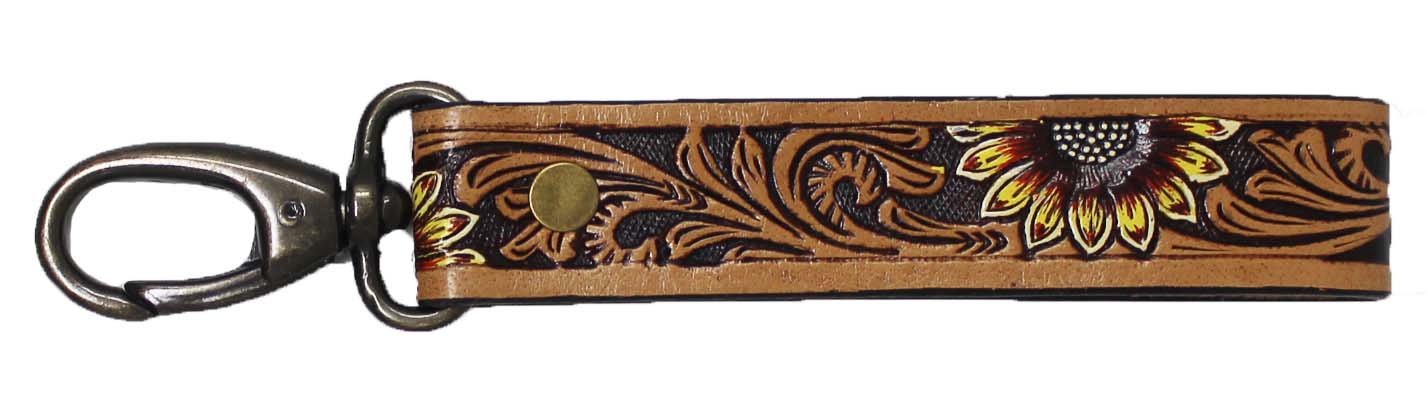 Horse Western Sunflower Tooled Handcrafted Leather Lanyard Strap Keychain Key Fob Wristlet 19FK02