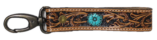 Horse Western Turquoise Floral Tooled Handcrafted Leather Lanyard Strap Keychain Key Fob Wristlet 19FK06