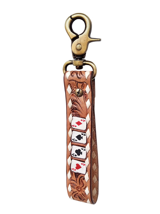 Challenger Leather Key Fob Western Tooled Stacked Aces Antique Brass Clip 19RS01