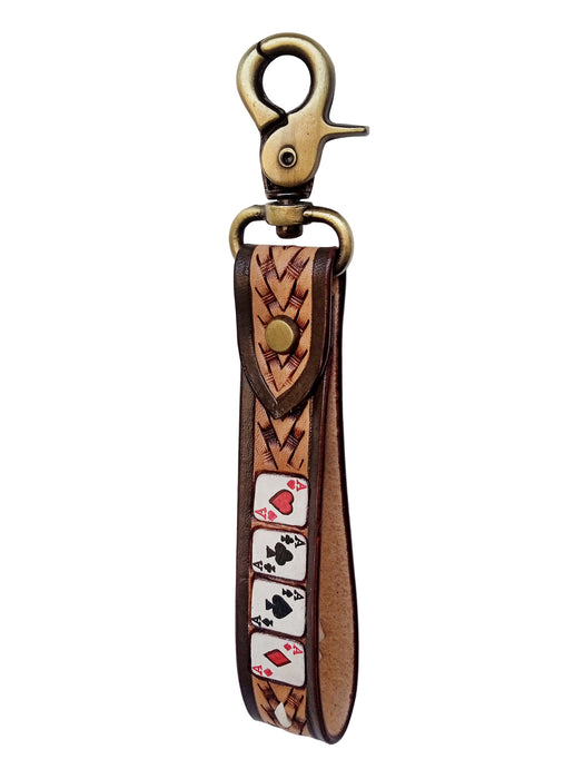 Challenger Leather Key Fob Western Basketweave Stacked Aces Brass Clip 19RS02