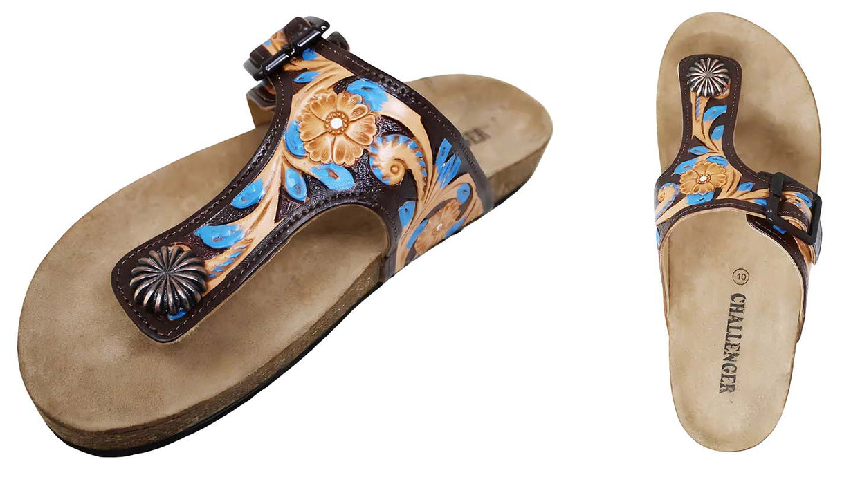 Women's Western Hand-Tooled Floral Genuine Leather Dual Buckle Sandals 25JQ106