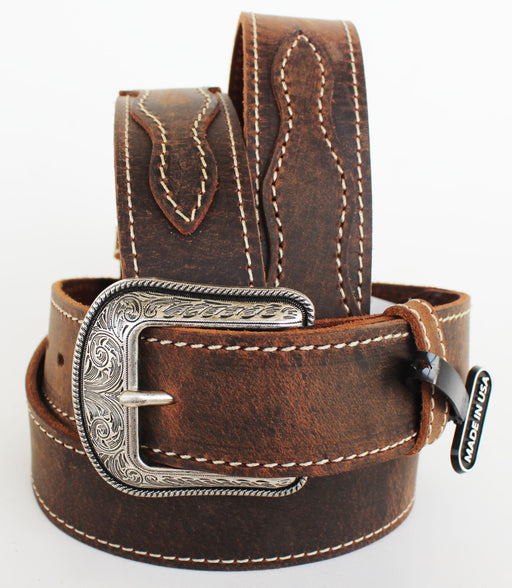 3D Belt Western Men's Genuine Work Heavy Duty Leather Brown Double Stitched 261224