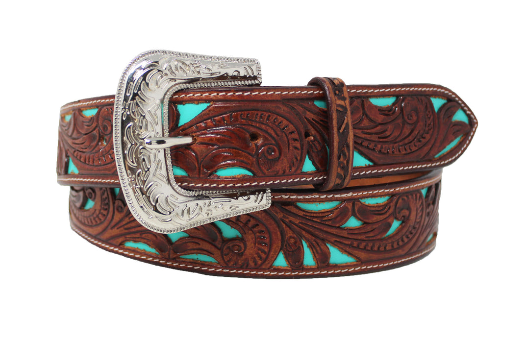 Men's Western Rodeo Fashion Tooled Floral Genuine Leather Belt Turquoise 2652RS