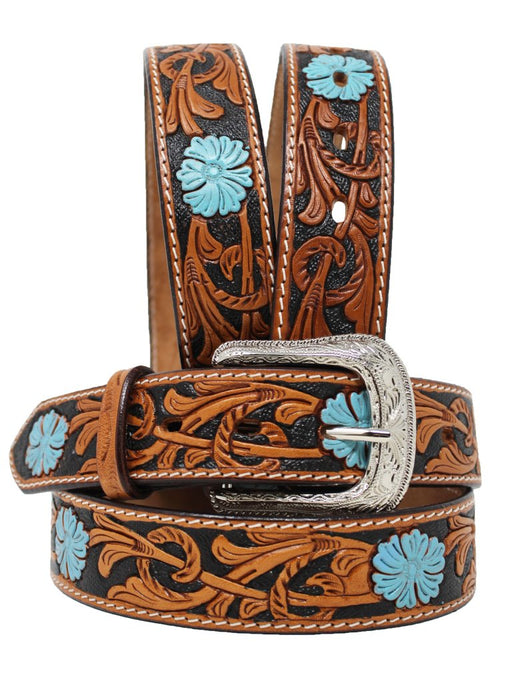 Men's Western Floral Tooled Turquoise Leather Belt 2656RS