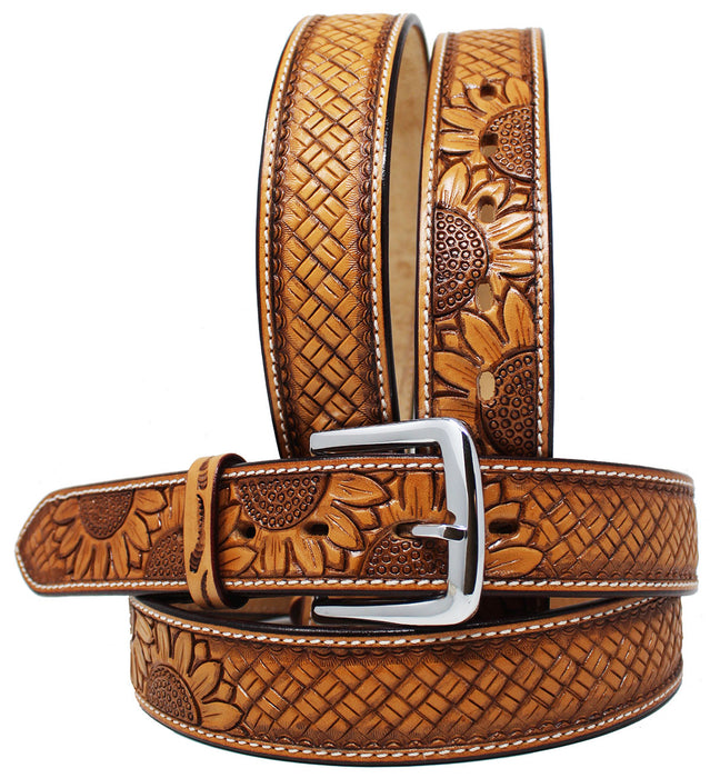 Men's Western Rodeo Fashion Tooled Floral Genuine Leather Belt Turquoise 2661RS