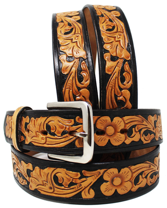 Men's Western Rodeo Fashion Tooled Floral Genuine Leather Belt Turquoise 2662RS