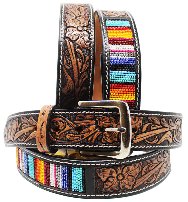 Western 1-1/2" Wide Rodeo Fashion Flower Tooled Beaded Leather Belt 2663RS