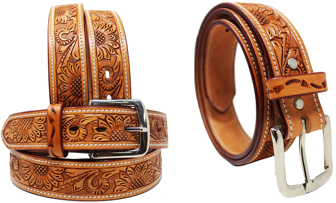 Western 1-1/2" Wide Rodeo Fashion Sun Flower Tooled Leather Belt 2664RS