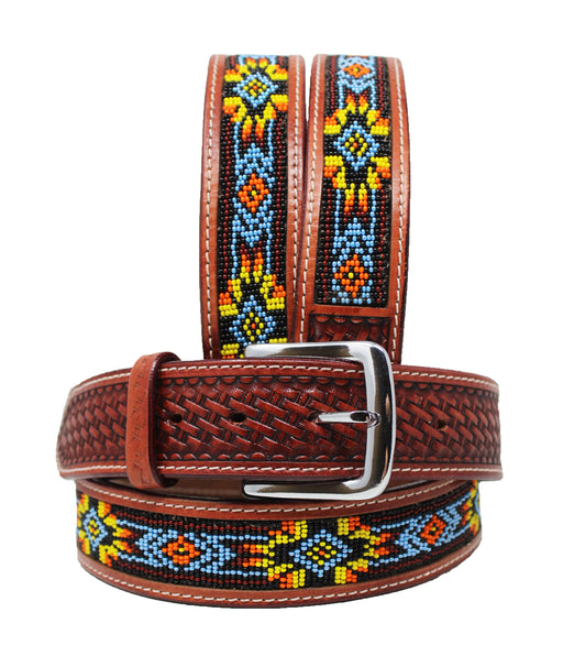 Western Basket Weave Tooled Full-Grain Leather Beaded Inlay Belt 2674RS