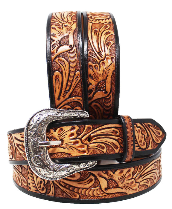 1-1/2" Wide Western Cowboy Antique Floral Tooled Full-Grain Leather Belt 2679RS