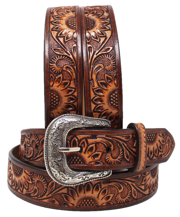 1-1/2" Wide Western Cowboy SunFlower Floral Tooled Full-Grain Leather Belt 2680RS