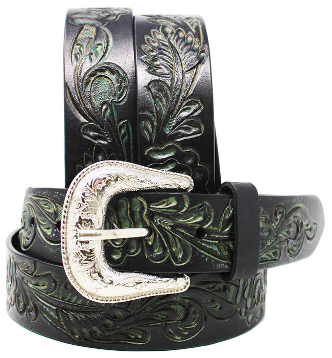 Western 1-1/2" Wide Brown Black 100% Leather Floral Tooled Belt Casual 26AA08