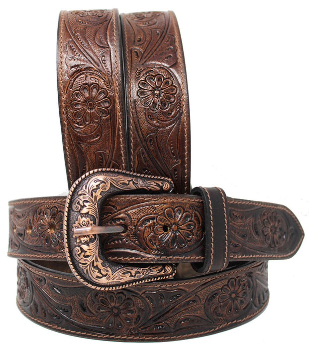 Men's 1-1/2" Wide Brown Leather Floral Tooled Casual Jean Belt 26AA104