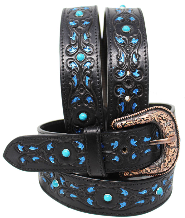 Men's 1-1/2" Wide Black Leather Floral Tooled Casual Jean Belt 26AA301