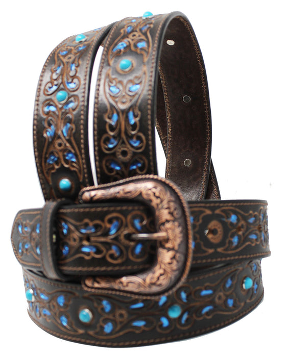 Men's 1-1/2" Wide Black Leather Floral Tooled Casual Jean Belt 26AA301