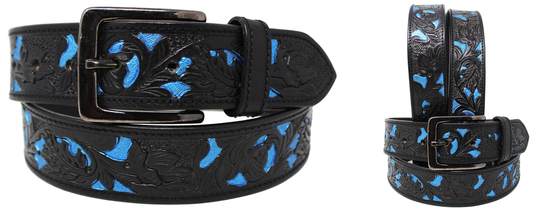 Men's 1-1/2" Wide Black Leather Floral Tooled Casual Jean Belt 26AA302