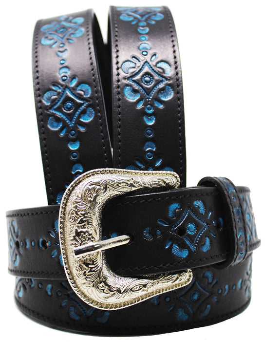 Western 1-1/2" Wide Brown Black Cow Leather Floral Casual Jean Belt Turquoise 26AA307