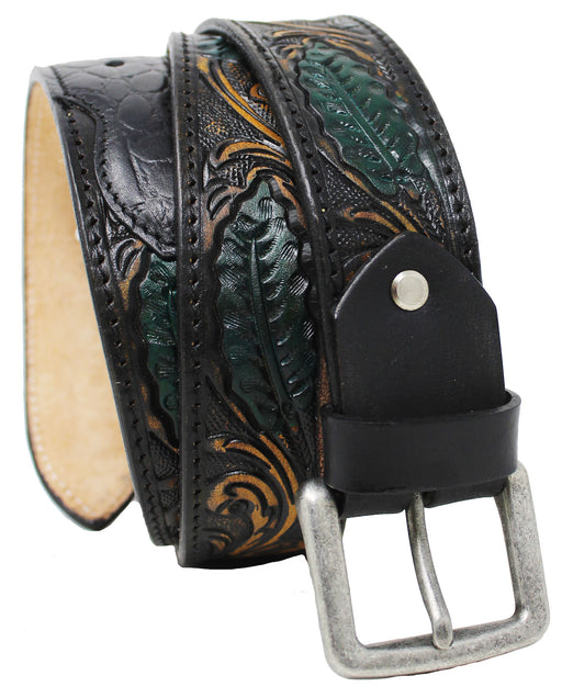 Unisex 1-1/2" Wide Brown Floral Tooled Genuine Leather Western Casual Jean Belt 26BT401