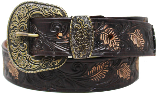 Unisex 1-1/2" Wide Brown Floral Tooled Leather Casual Jean Belt 26BT421